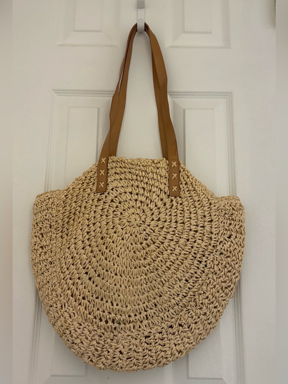 Large Woven Straw Tote Bag with Tan Handles